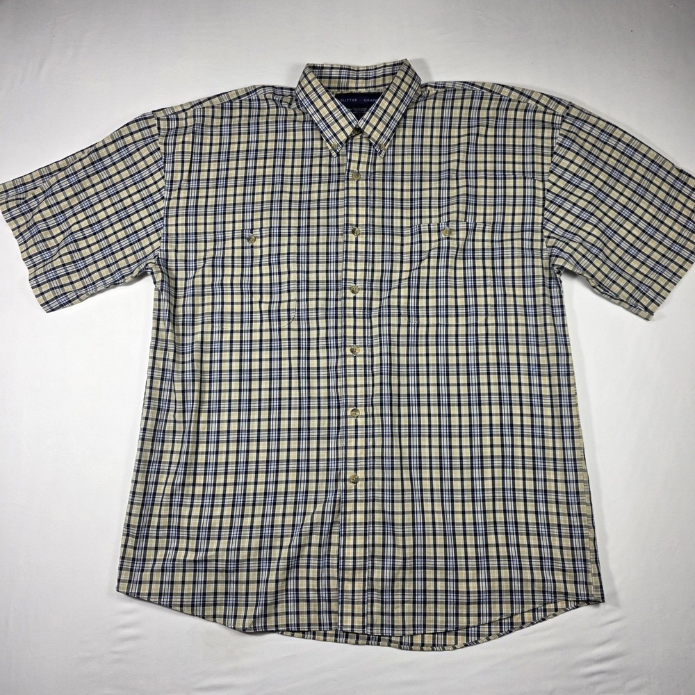 Sutter & Grant‎ Button Down Shirt Mens Large Tan Navy Blue Plaid Short Sleeve